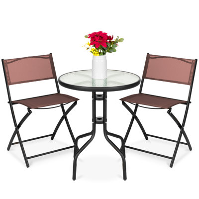 3-Piece Patio Bistro Dining Furniture Set W/ Glass Tabletop, Folding Chairs by George Oliver