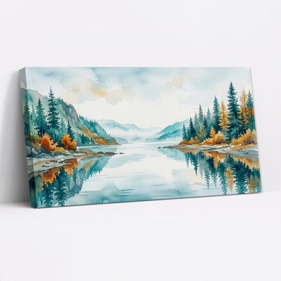 Watercolor Autumn Forest and Lake Reflection Canvas Wall Art