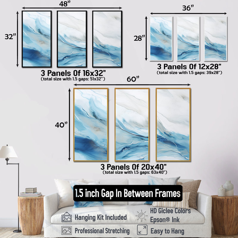 «White and Blue Glacier Charm», ensemble d'art sur toile formes abstraites, H 28 po x l 36 po x P 1 po, Cadre flottant noir