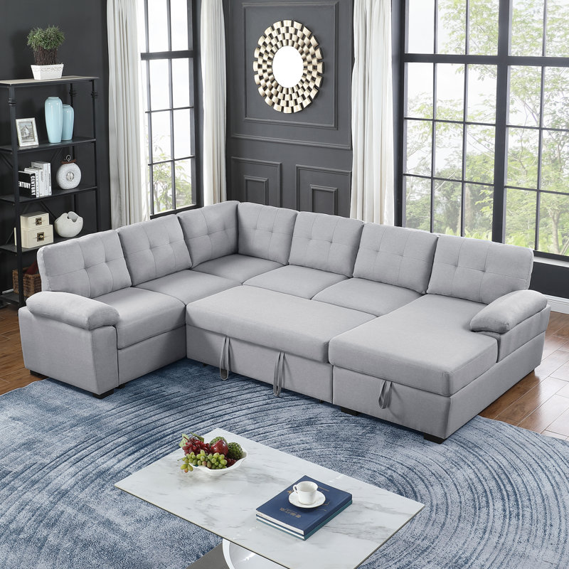 Aine 118" Wide Fabric Sectional Sleeper Sofa (Pull-Out Bed) With Storage Chaise, Light Gray Microfiber/Microsuede