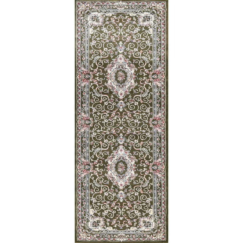 Tapis turc oriental vert à motif floral transitionnel 2X3, Tapis de couloir 2 pi 7 po x 7 pi 10 po