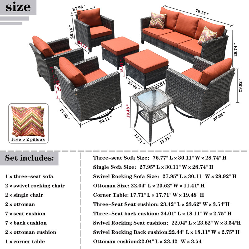 Ben 9 - Person Patio Conversation Set with Cushions, Orange
