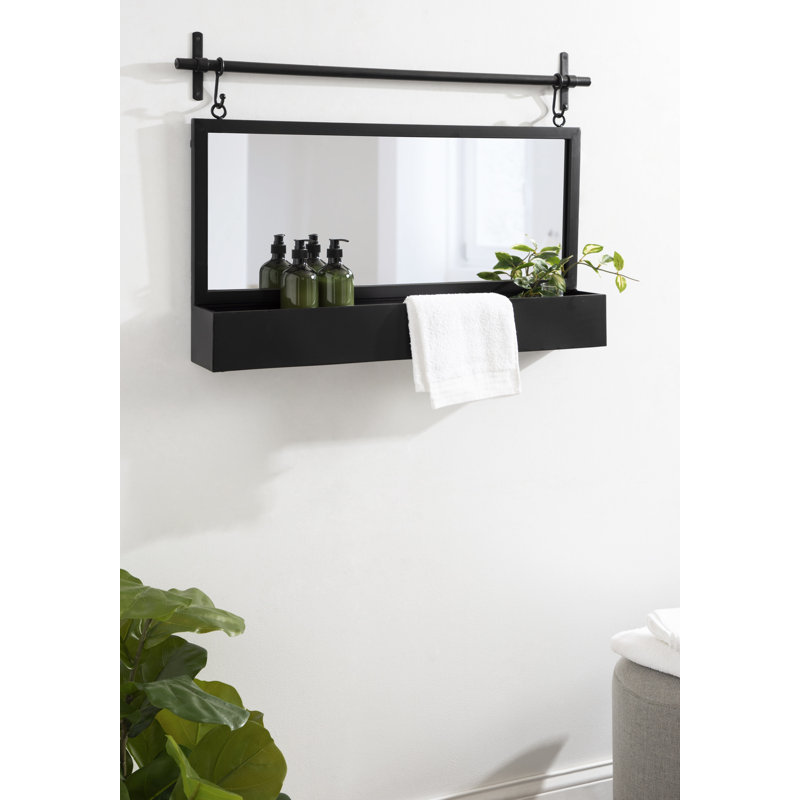 Hughley Metal Flat Mirror with Shelves, Black, 25.5'' x 36''