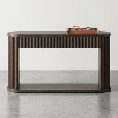 Elegant Oval Console Table With Fluted Design, Metal Slides, And Open Storage Shelf - Entryway Or Living Room Table