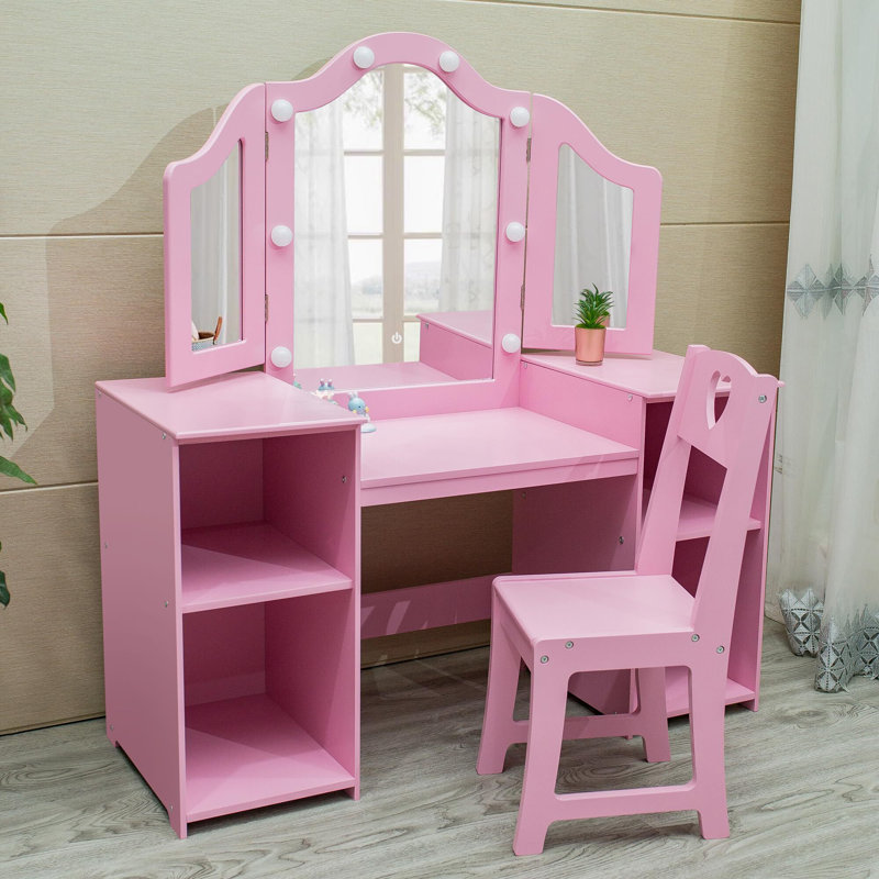 Ensemble de coiffeuse filles Princess - miroir pliant en trois, Rose
