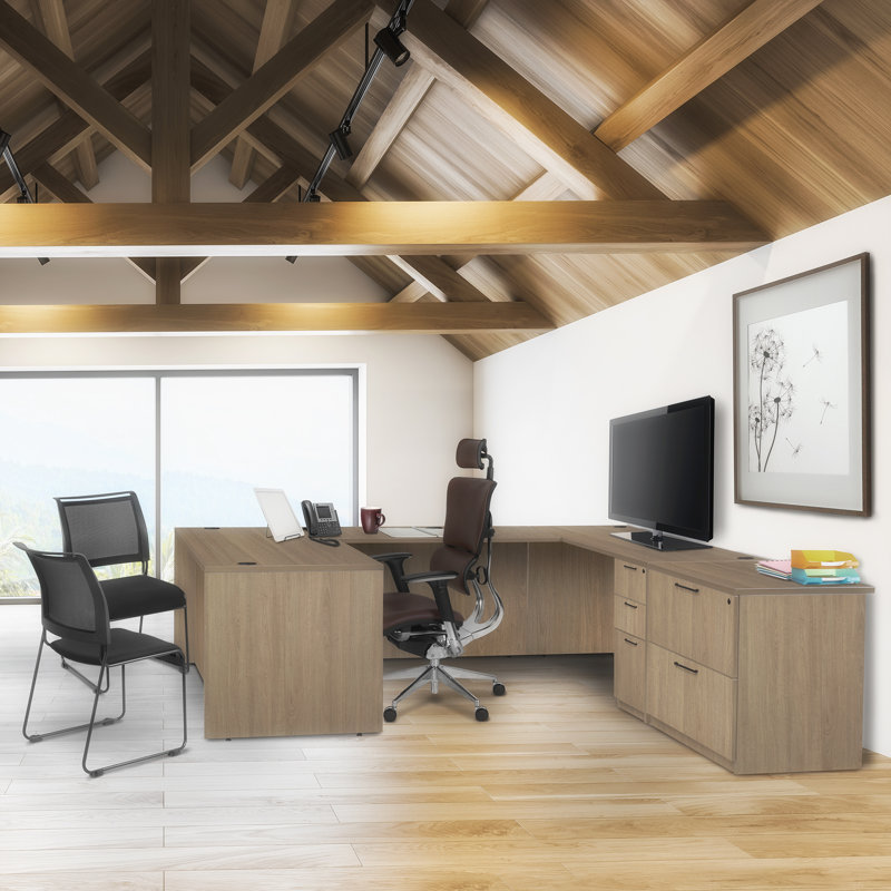 71 po x 35 po Dennard Bureau en U avec tiroir à double caisson double, Chêne noble