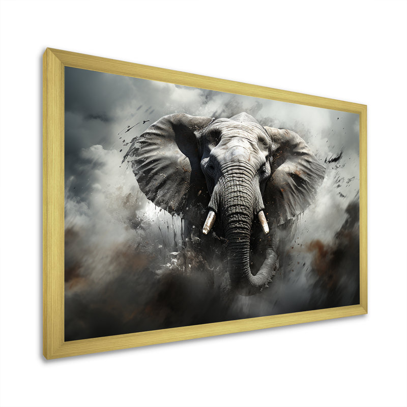 «Elephant Symphony Stampede I» sur toile, H 24 po x l 32 po x P 1 po, Cadre doré simple