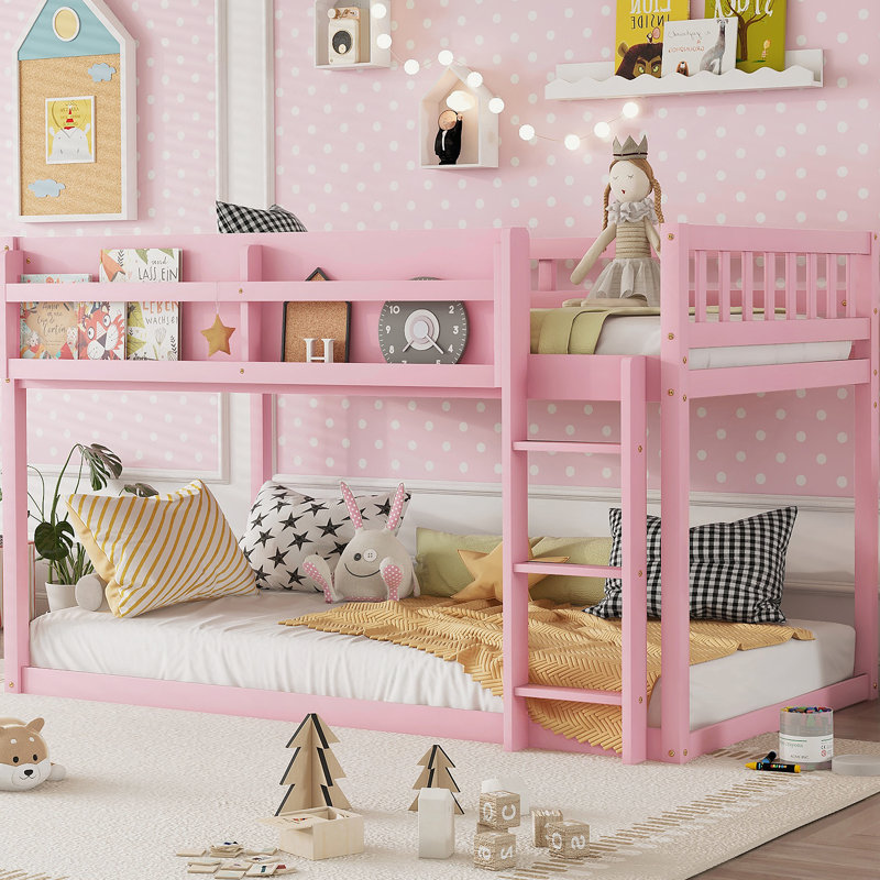 Lit superposé bas simple au-dessus d'un lit simple, lit superposé au sol avec échelle, bois massif pour enfants et adolescents, conception compacte et peu encombrante