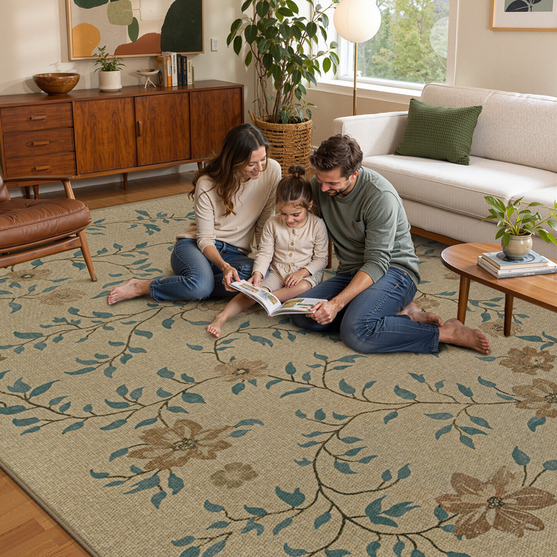 Tapis intérieur/extérieur en jute lavable à motif floral neutre 180 x 270 cm, Neutral/Floral, Rectangle 6' x 9'