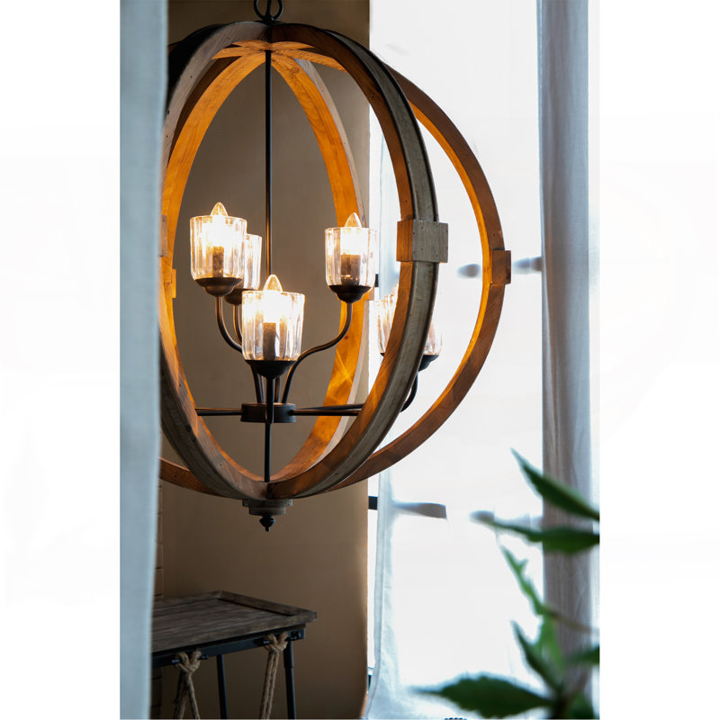 9- Light Globe Chandelier, Wood Chandelier Hanging Light Fixture with Adjustable Chain for Kitchen Dining Room Foyer Entryway, Bulb Not Included