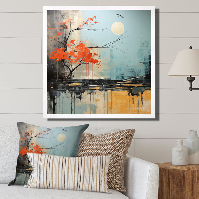 Grey Orange Asian Landscape II - Print, White Single Picture Framed, 16" H x 16" W x 1" D