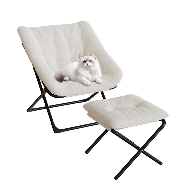 Upholstered Faux Fur With Footstool Butterfly Chair, Ivory Faux Fur