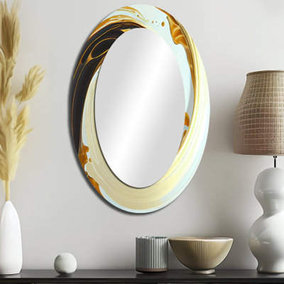 Mouvement blanc et or audacieux I - miroir décoratif ovale abstrait sur métal
