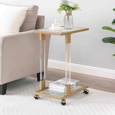 Table d'appoint dorée, table de canapé en acrylique, table carrée en C avec plateau en verre et base en métal pour le salon, la chambre à coucher, le balcon, la maison et le bureau