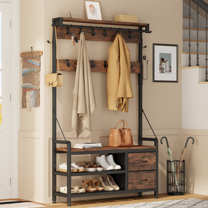 Arbre d'entrée 5 en 1 avec banc à chaussures, portemanteau, crochets, tiroirs et tablette supérieure - Organisateur de hall d'entrée avec rangement pour chaussures très grand pour vestibule