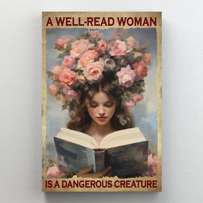 «Well Read Woman», art décoratif de roses et de livres sur toile tendue - décor de salon, de chambre à coucher ou de bureau