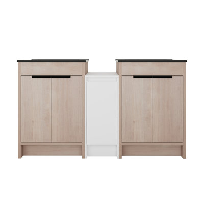 Double lavabo autoportant en céramique noire avec rangement double et porte à fermeture en douceur
