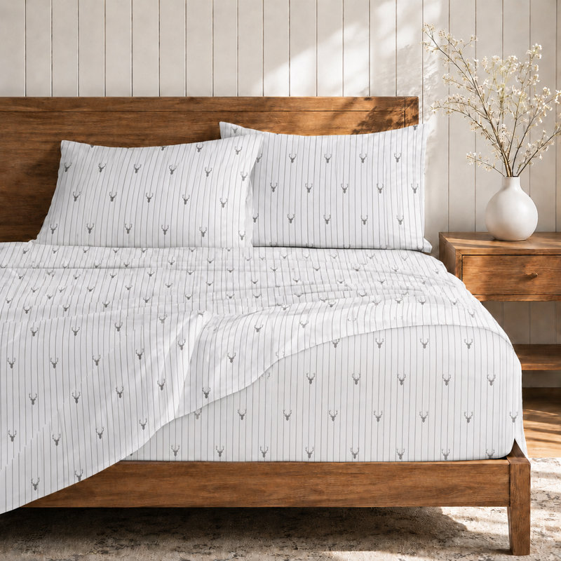 Ensemble de draps en microfibre 4 pièces, Rayé gris / blanc, Ensemble de draps pour lit double avec 2 taies d'o