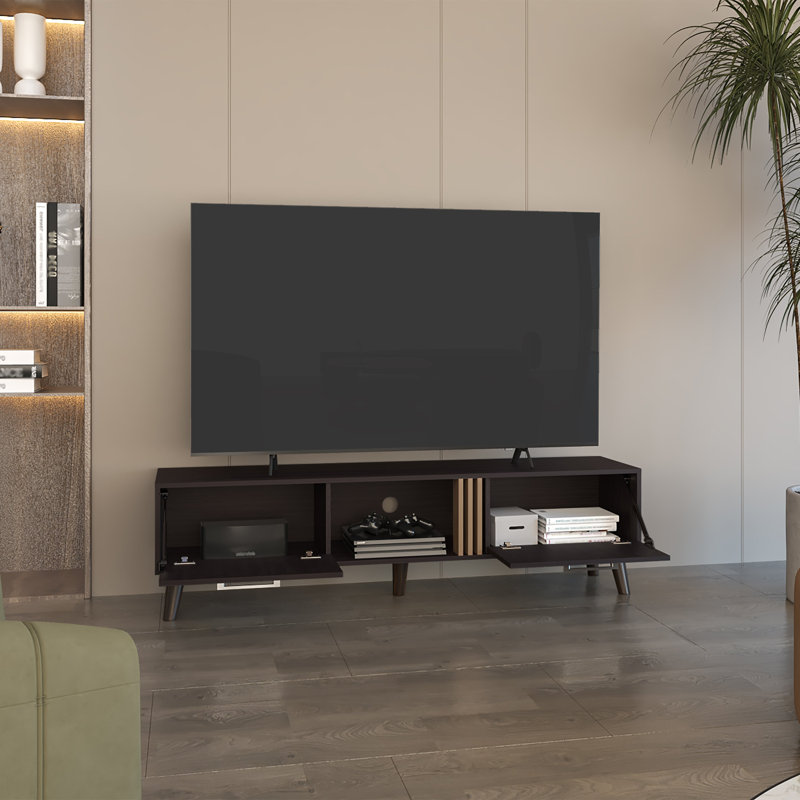 Lebo 63" Wide Tv Stand With Two Pull Down Cabinets And Open Shelf