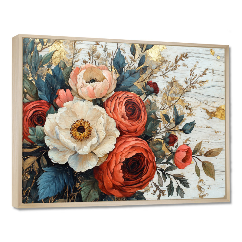 Bouquet de fleurs assorties Courtright Summer sur une glissade en bois, H 12 po x l 20 po, Cadre flottant, Crème, crème