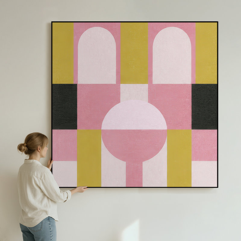 Très grand art mural imprimé sur tissu - Arches géométriques modernes dans des tons roses et moutarde pour le salon ou la chambre à coucher - «Assemblage requis du cadre (cadre non fini)»