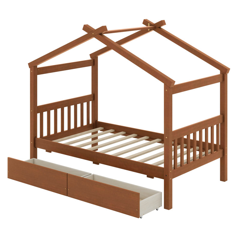 Lit simple en bois avec tiroirs de rangement, Noyer, Lit simple