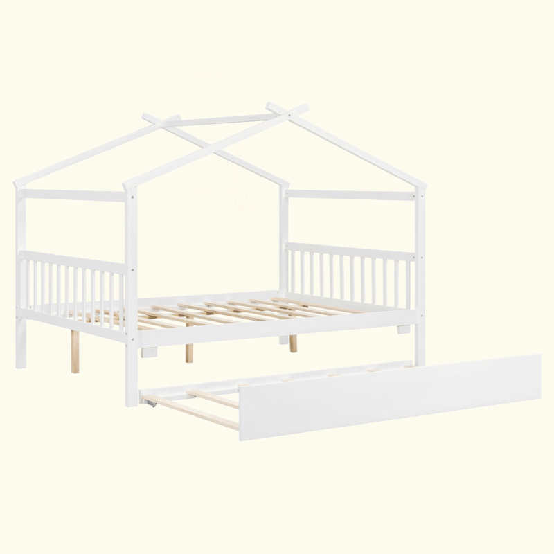Lit en bois avec lit gigogne simple, Blanc, Double