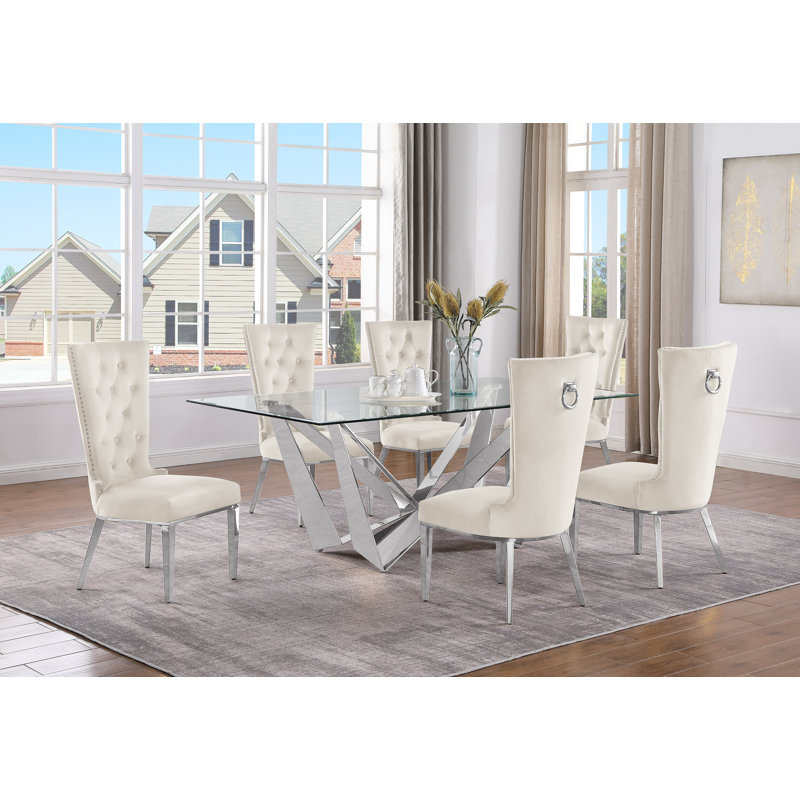 Lebanon Glass Top Trestle Dining Set, Cream/Silver, 7