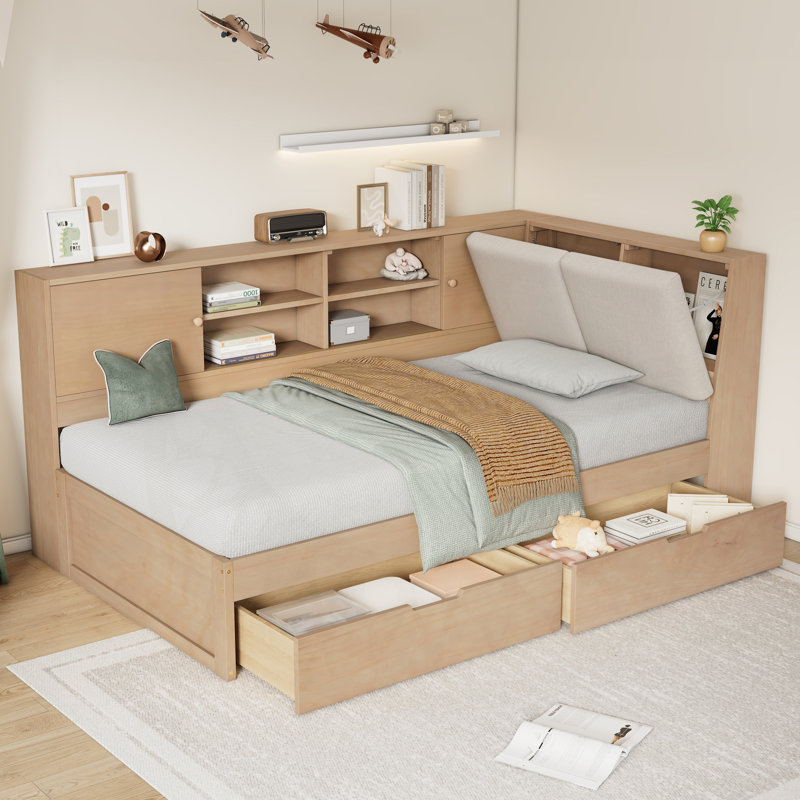 Versatile Wooden Twin Hartline with Multiple Storage Options and Advanced Features, Full / Double, Natural
