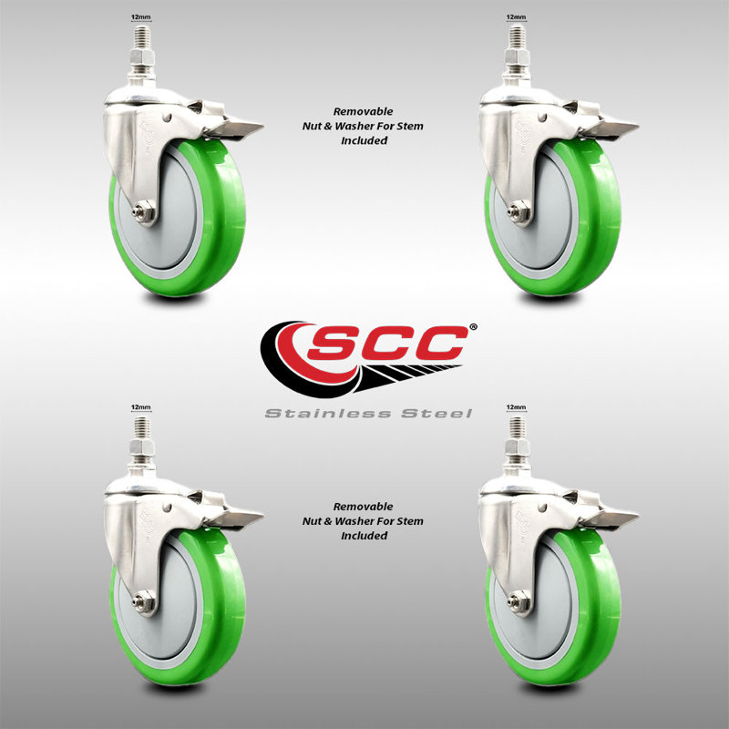 5 Inch 316SS Green Polyurethane Wheel Swivel 12mm Stem Caster Set Lock Brake