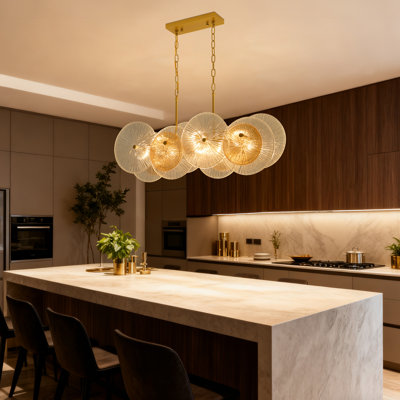 Lustres linéaires dorés pour salle à manger, lustres en cristal de style moderne 8 lumières de 36 po au-dessus de la table | Éclairage pour îlot de cuisine avec couvercle en verre transparent / ambre pour le salon de la salle à manger