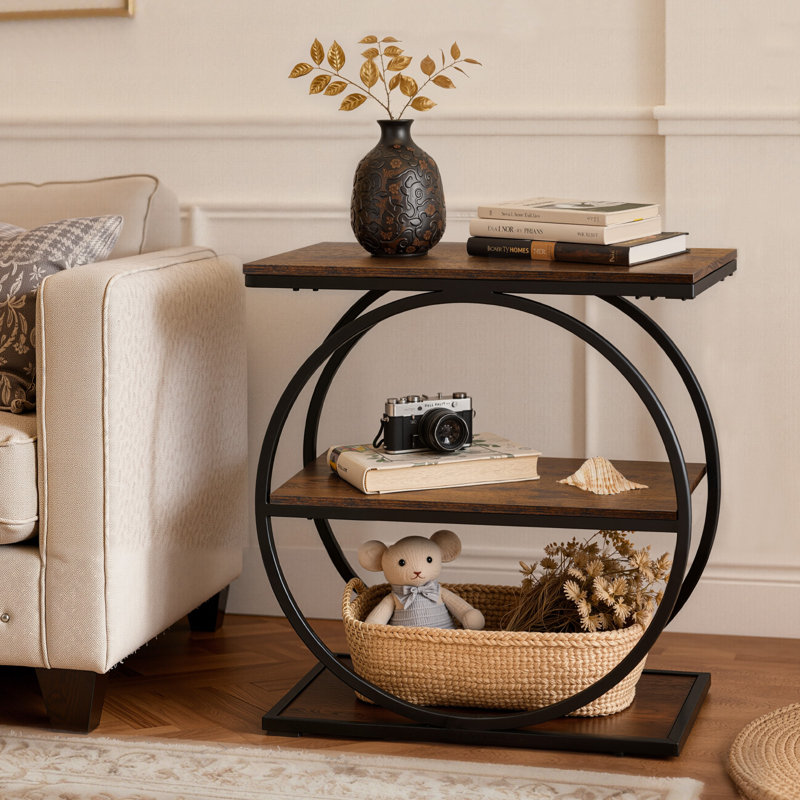 Table de bout, table d'appoint étroite à 3 niveaux avec tablettes de rangement ouvertes, table de chevet moderne avec structure ronde en métal, canapé-lit en bois pour salon, chambre à coucher, bureau, brun rustique