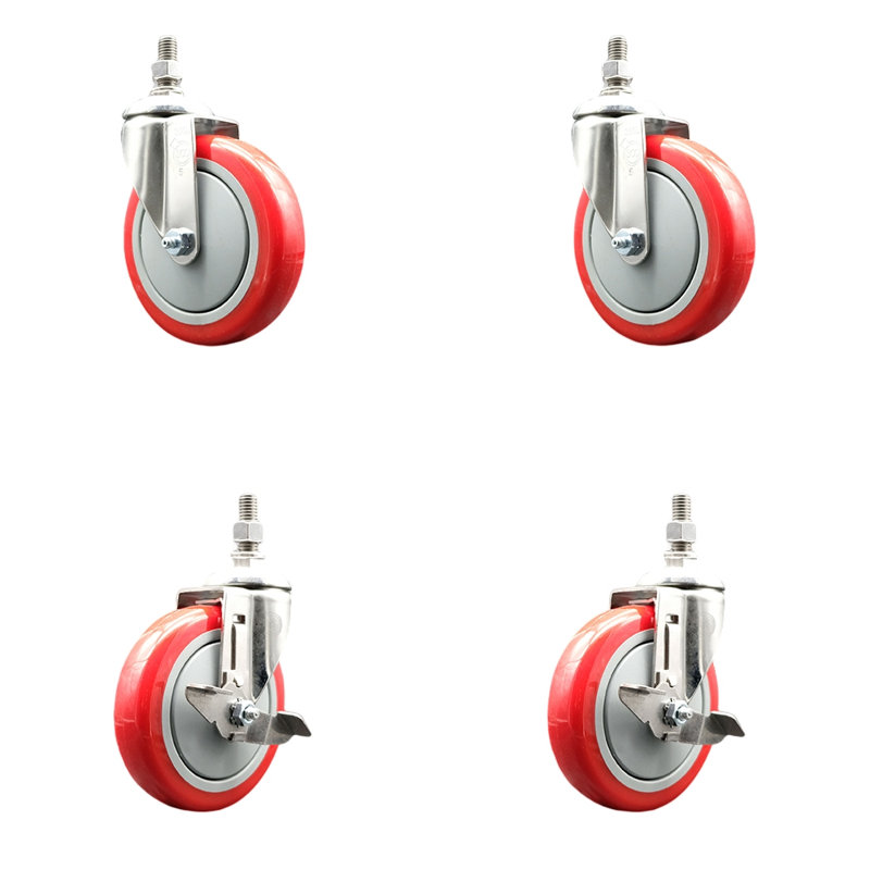 Ensemble de roulettes à tige filetée 5 pouces en polyuréthane rouge pivotant ½ pouce et 2 freins