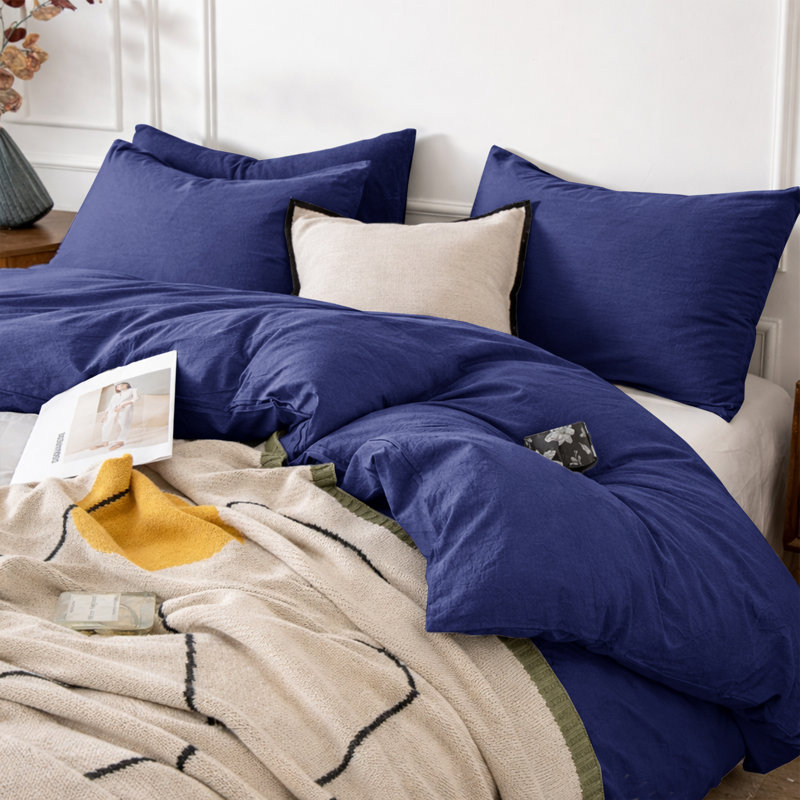 3-Piece Dyed Duvet Cover Set With Pillowcases, Navy, Single Duvet Cover + 2 Standard Pillowcases
