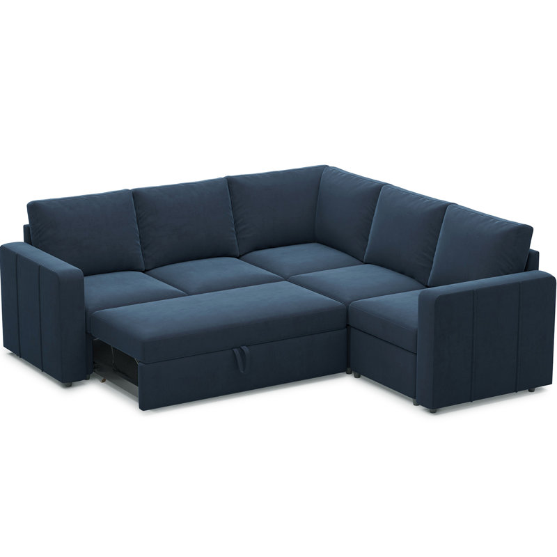 Canapé-lit modulaire coulissant avec repose-pieds Seybert, Velours bleu