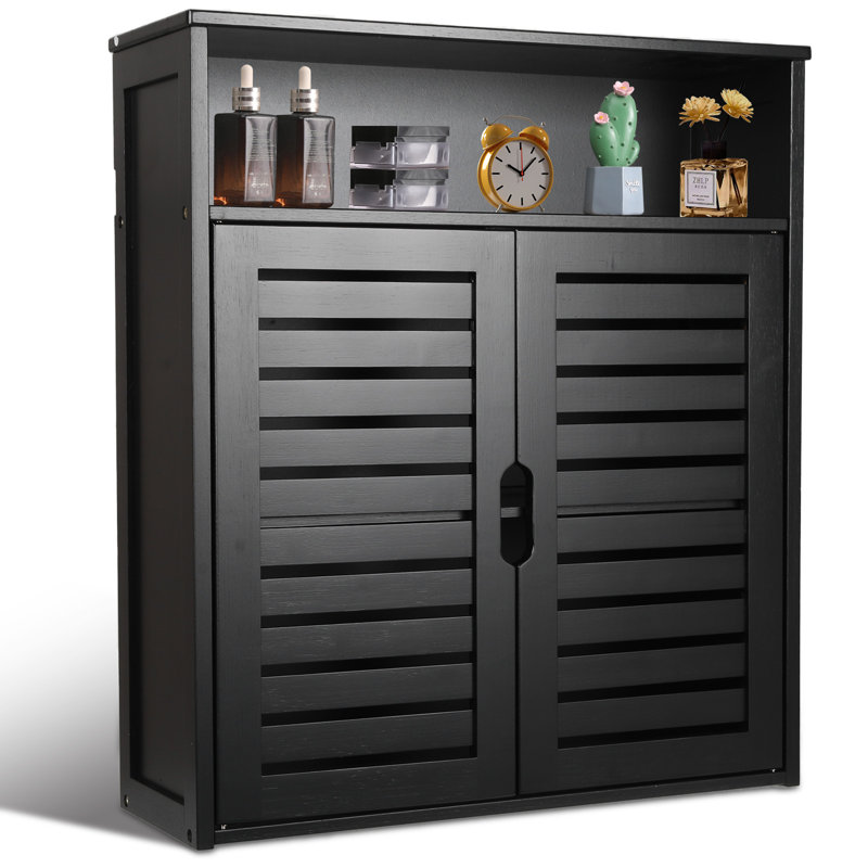 Armoire murale en bambou, armoire de rangement murale pour salle de bain, armoire à pharmacie suspendue noire avec portes doubles, rangement en bambou pour la salle de bain, la cuisine et le salon