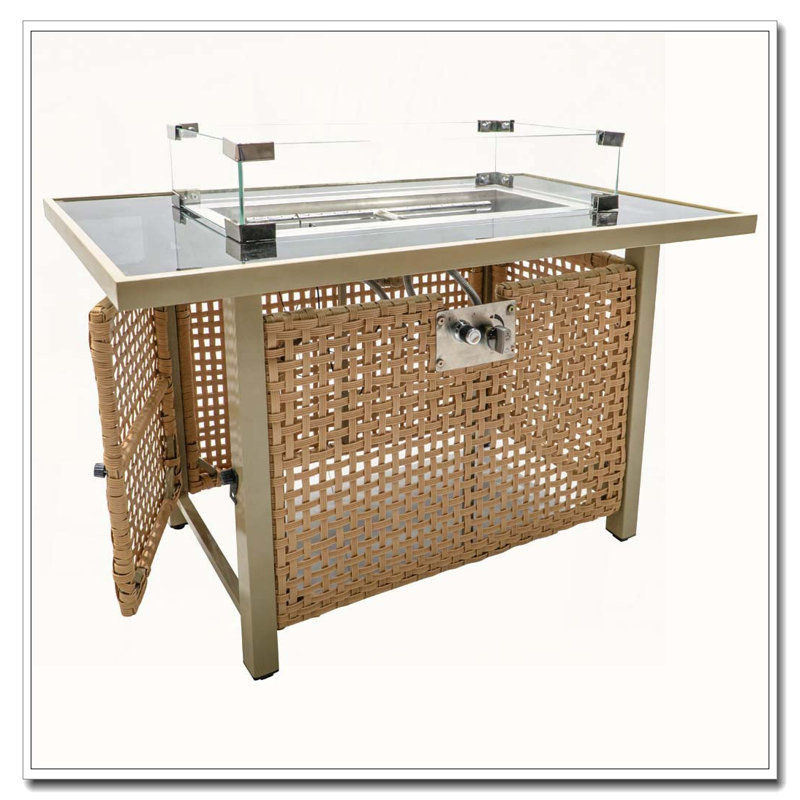 43" Propane Gas Fire Pit Table, 60000 BTU Rectangular Open Weave Wicker Fire Pit with Glass Wind Guard for Outside Patio Deck Garden Backyard