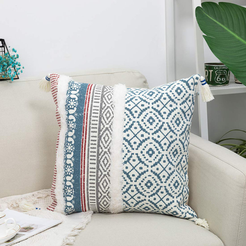 Turcios Tassels Cotton Blend Pillow Cover, Blue/White