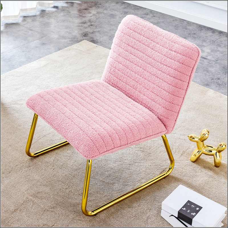 One White minimalist armless sofa chair with plush cushion and backrest paired, Pink Plush