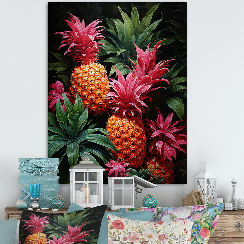 Impression rustique ananas rose I - Ananas, art mural, Cadre simple argenté, H 20 po x l 12 po x P 1 po