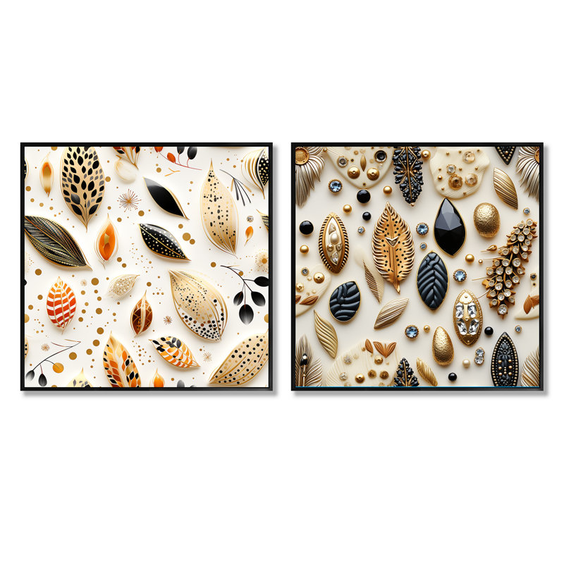 Ivor - Abstract Botanicals Square Collage Set Of 2, 36" H x 73" W, Black Floater Framed