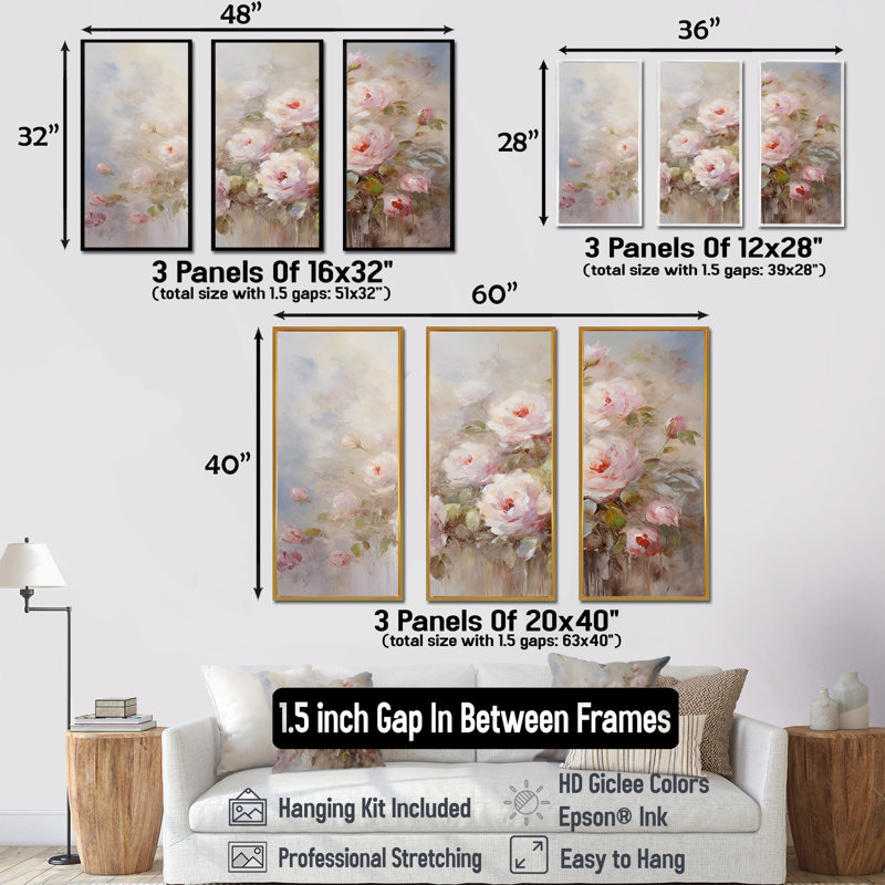 «Pink Roses Farmhouse Charm» - ensemble de décorations murales roses, H 40 po x l 60 po x P 1 po, Cadre flottant noir