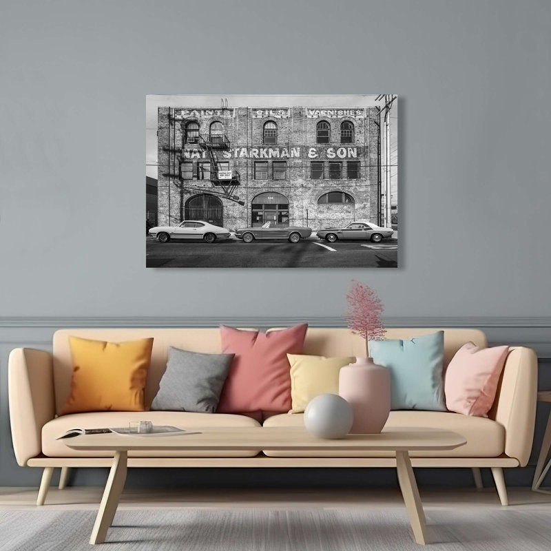 Urban Landscape With Muscle Cars (B&W) by Gasoline - Wrapped Canvas Print, 70cm H x 100cm W x 4cm D