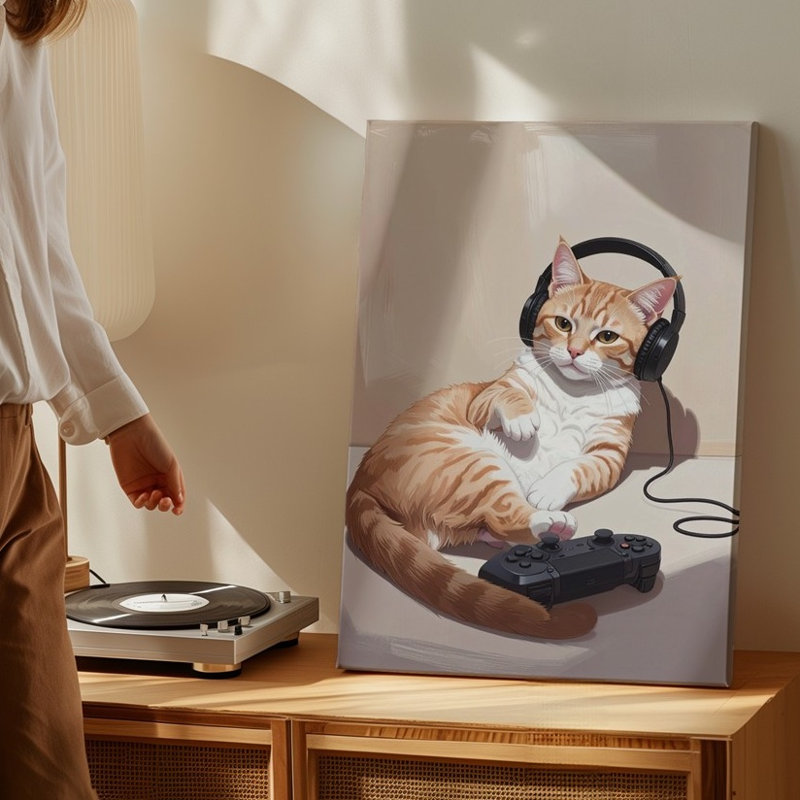 Art mural mural chat douillet tigré avec casque et manette Certains joueurs ronronnent lorsque la toile est prête à être suspendue