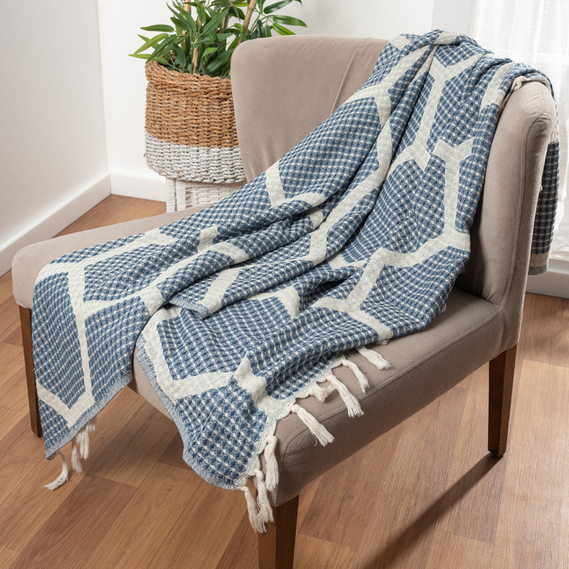 Blue and Cream Organic Cotton Reversible Throw Blanket
