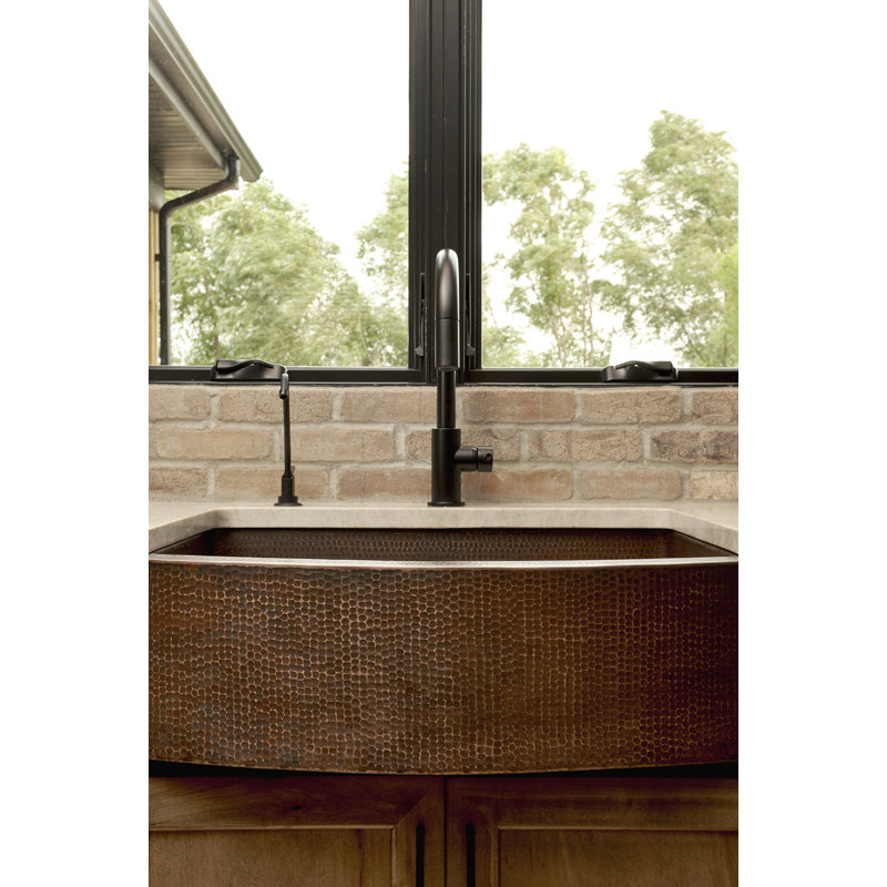 33" Hammered Copper Kitchen Rounded Apron Single Basin Sink with Matching Drain and Accessories