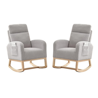 Modern 2-Pack High Backrest Rocking Chairs for Cafeteria – Upholstered Soft Fabric Glider Recliner, Sturdy Rubber Wood Legs, Fluffy Nursing Accent Chairs for Adults, Set
