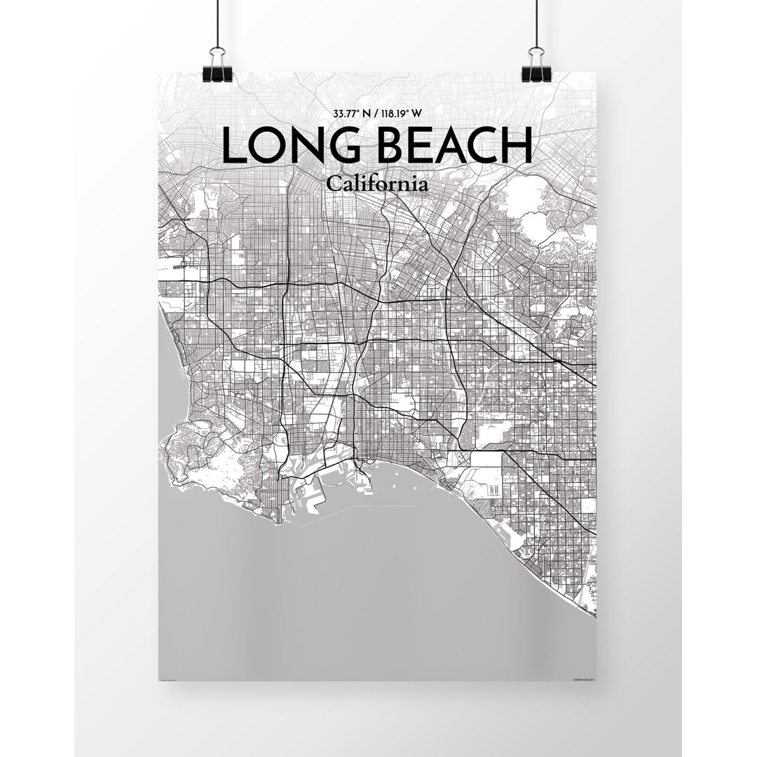 Long Beach City Map - Graphic Art Print on Paper Highland Dunes 