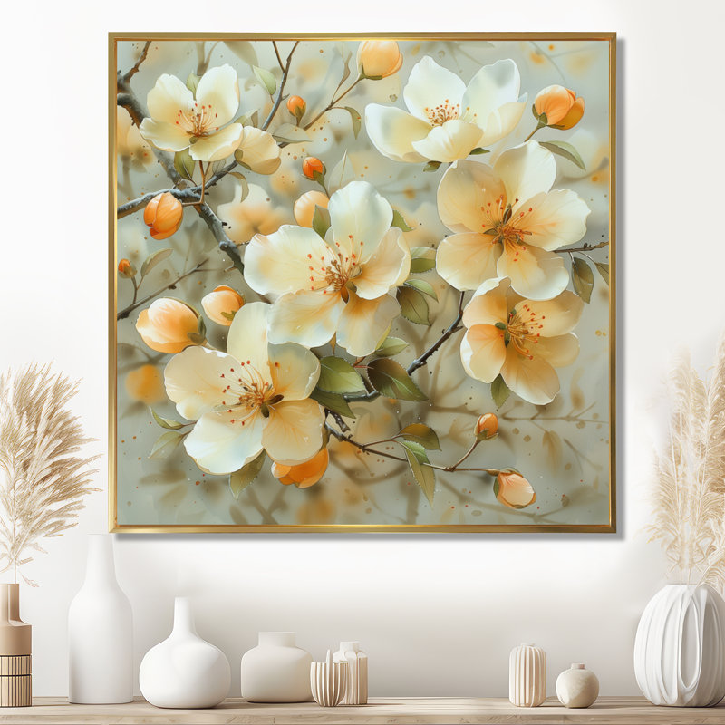 «Yellow Apple Blossom Spring Symphony», reproduction d'art murale, Cadre flottant doré, H 16 po x l 16 po