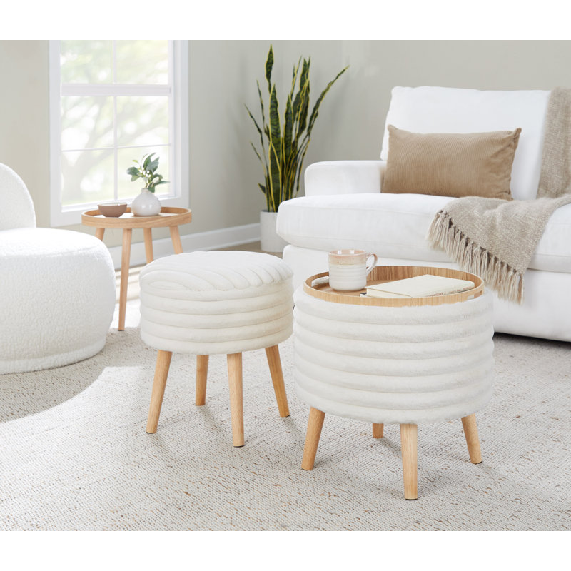 Alvena Plush Storage Ottoman Set with Tray Top Lid, Cream